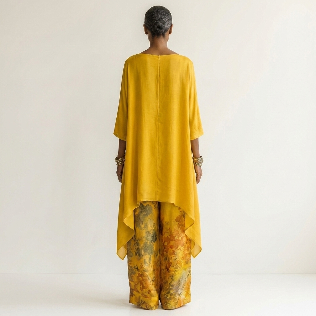 Boat Neck High Low Tunic Top and Print Wide Leg Pants Two Piece Set 6