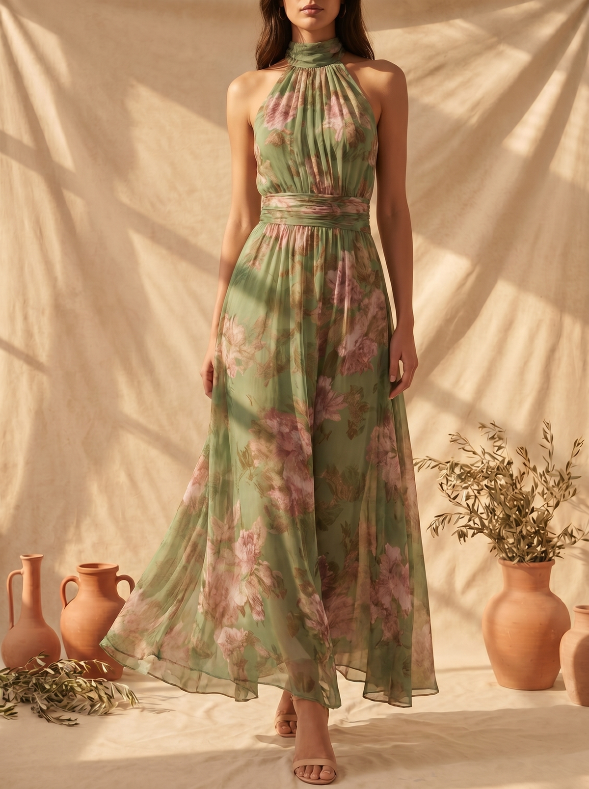 Floral Halter Neck Ruched Chiffon Maxi Dress 2