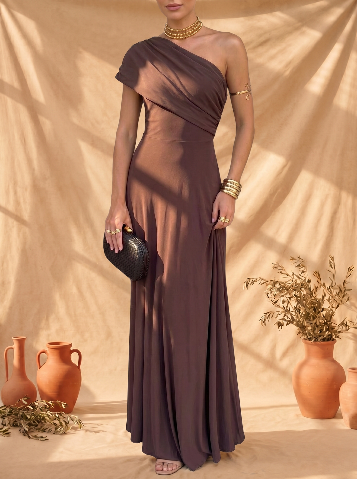 One Shoulder Draped Short Sleeve Jersey Maxi Dress 2
