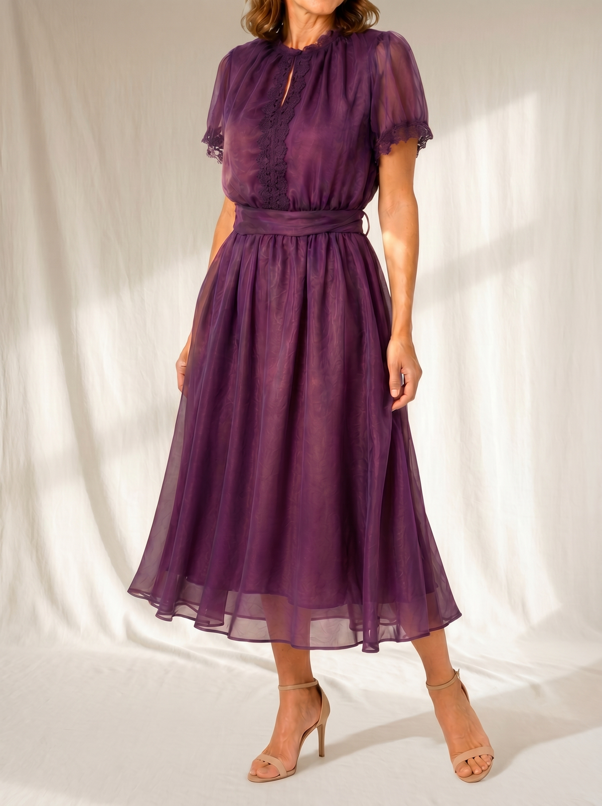 Sheer Chiffon Ruffle Neck Short Sleeve Lace Trim Midi Dress 2