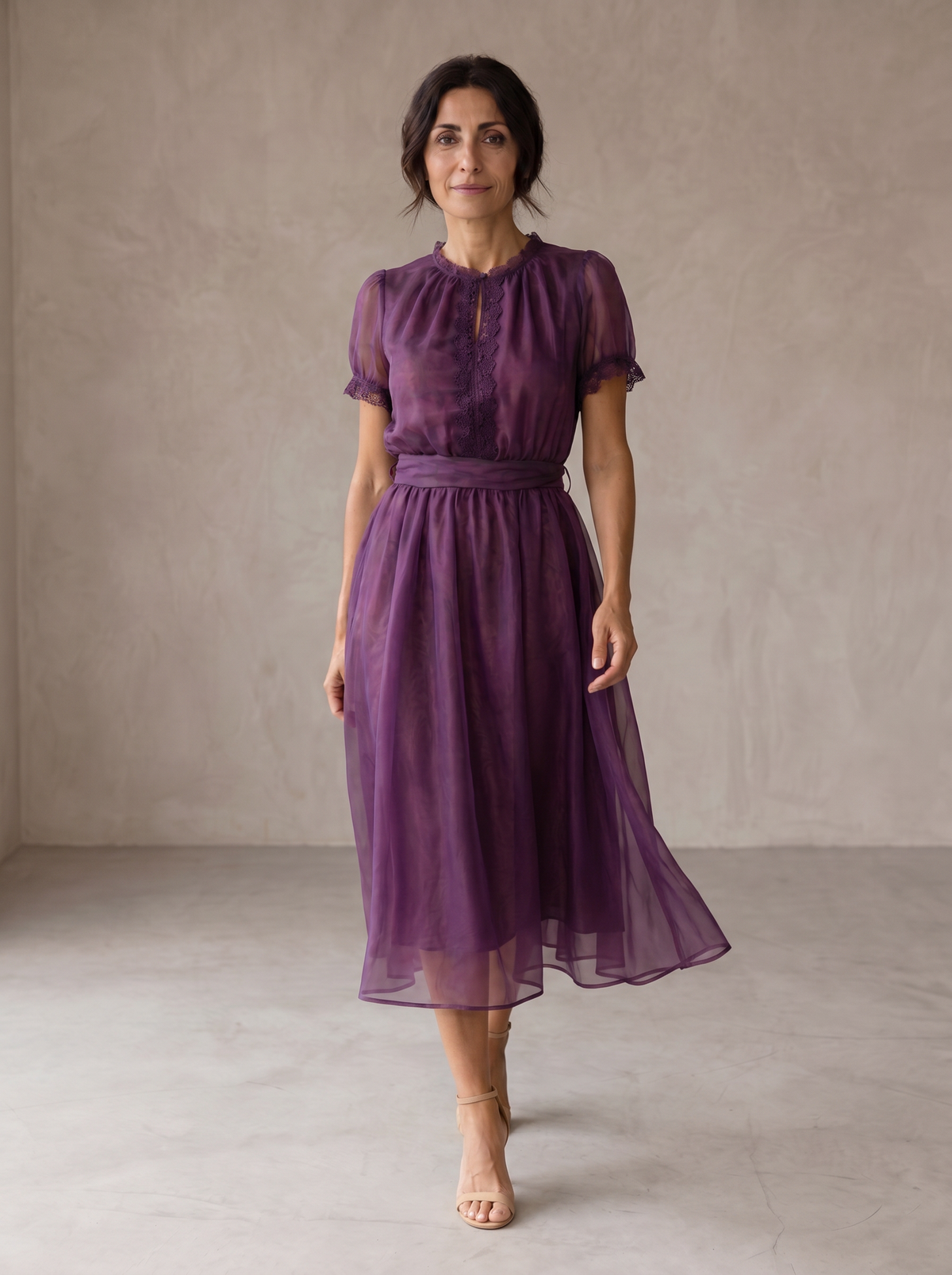 Sheer Chiffon Ruffle Neck Short Sleeve Lace Trim Midi Dress
