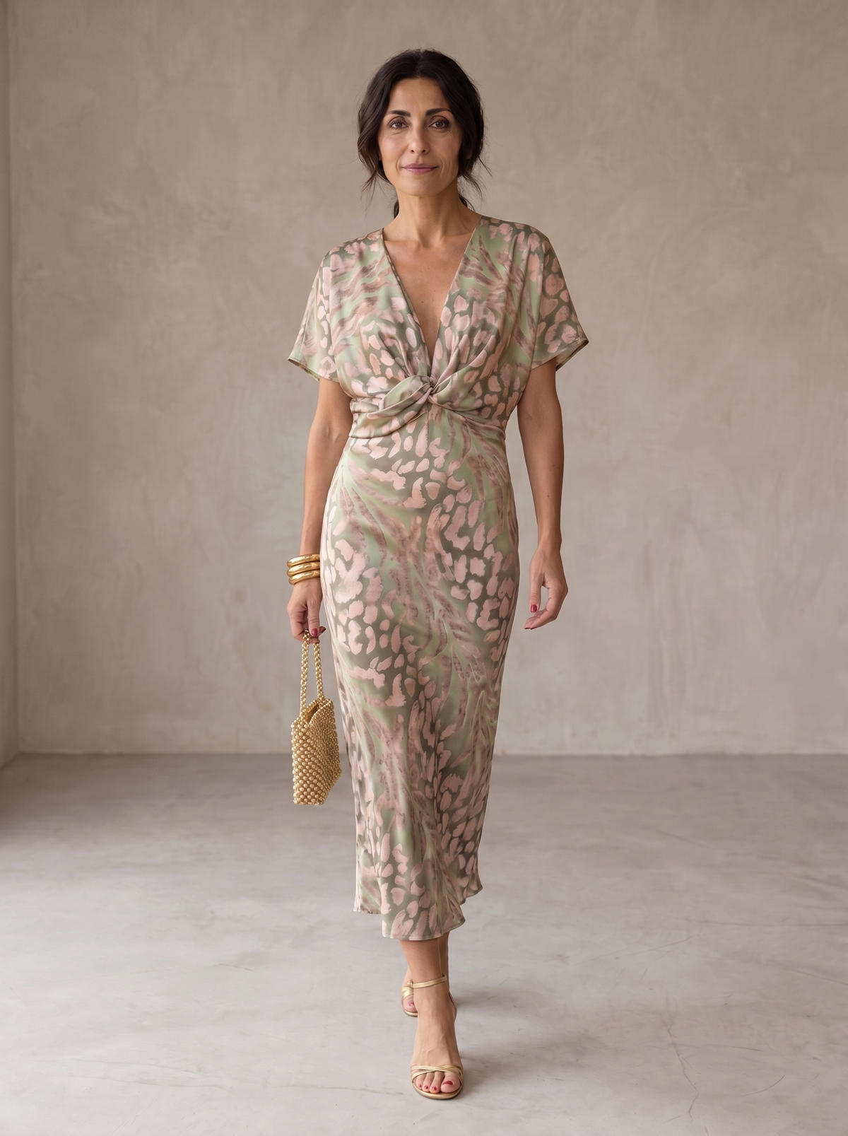 Animal Print V-Neck Twist Front Short Sleeve Midi Dress