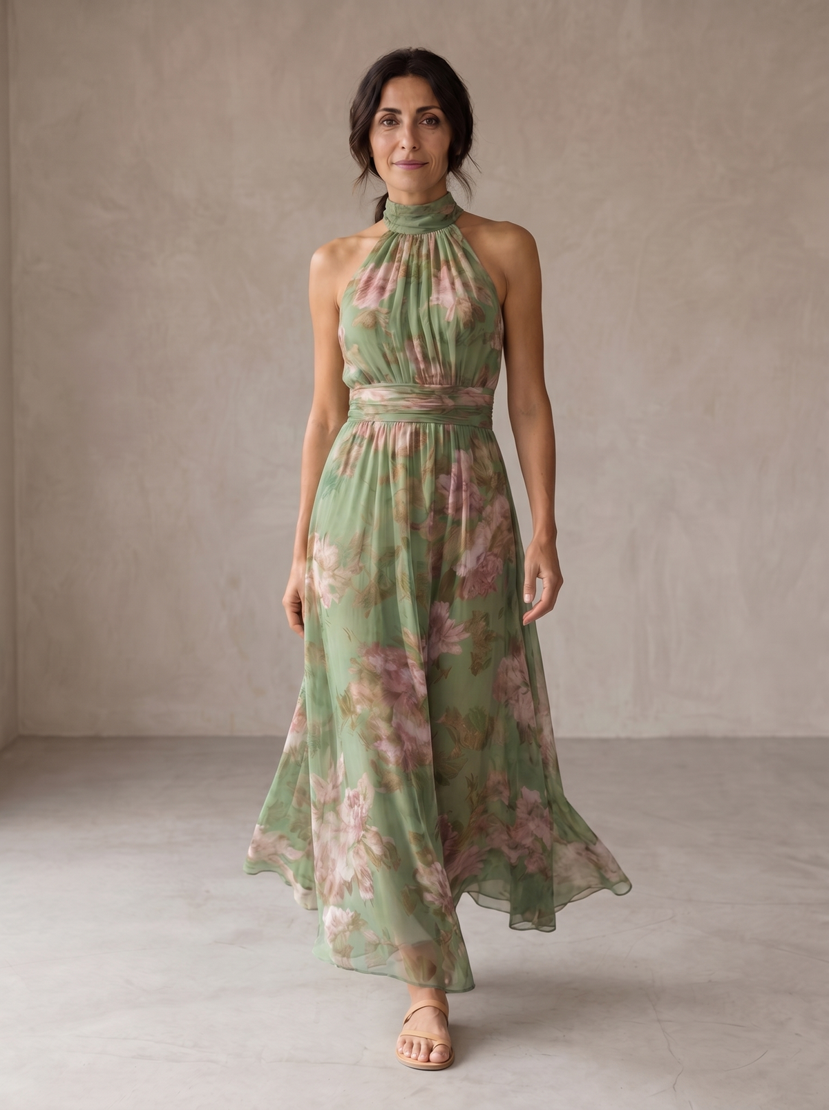 Floral Halter Neck Ruched Chiffon Maxi Dress