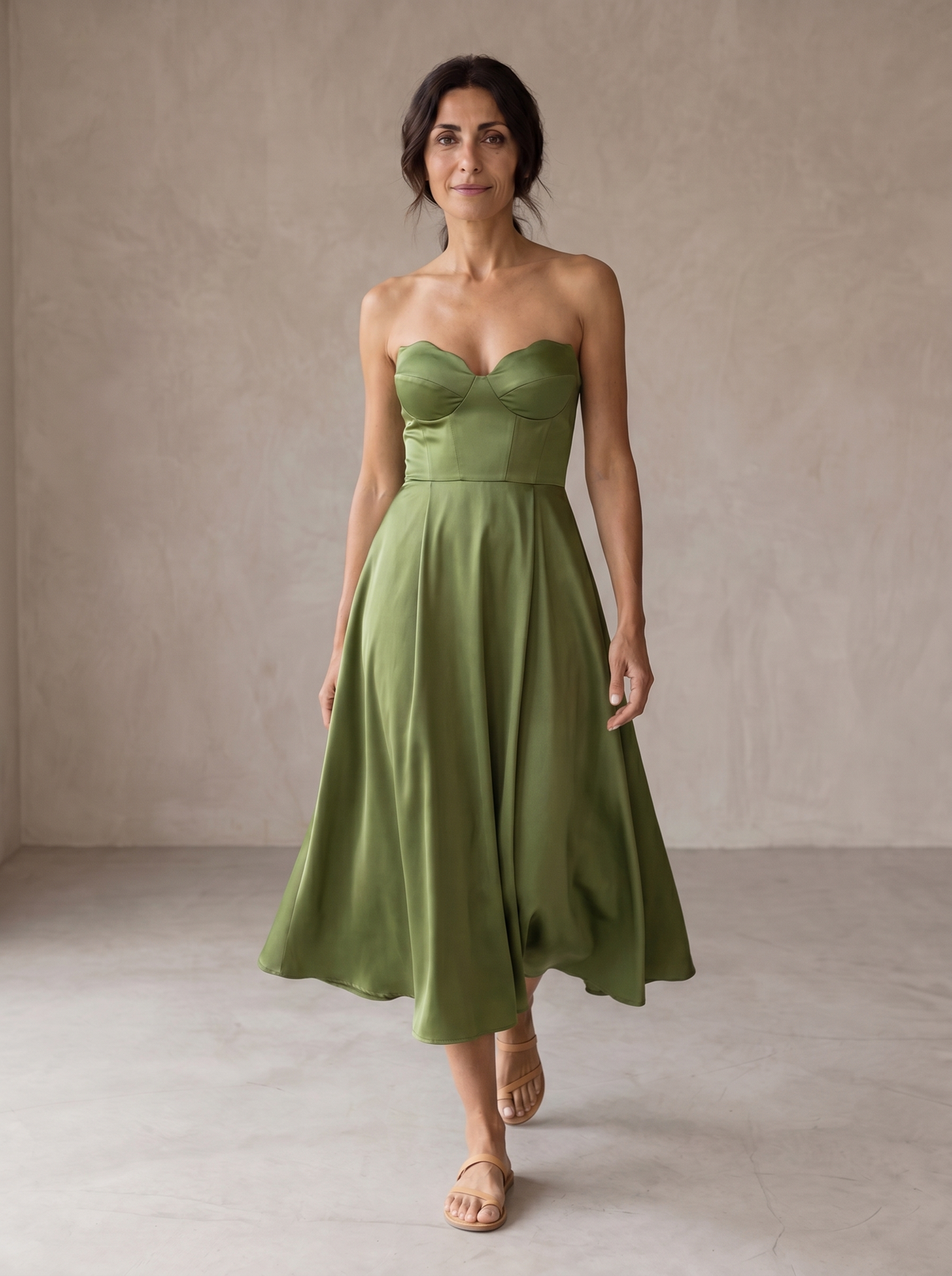 Satin Strapless Sweetheart Corset Fit and Flare Midi Dress