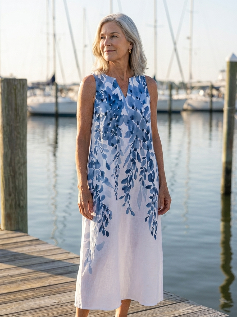 Floral Print Sleeveless Split Neck Linen Look Midi Dress 2