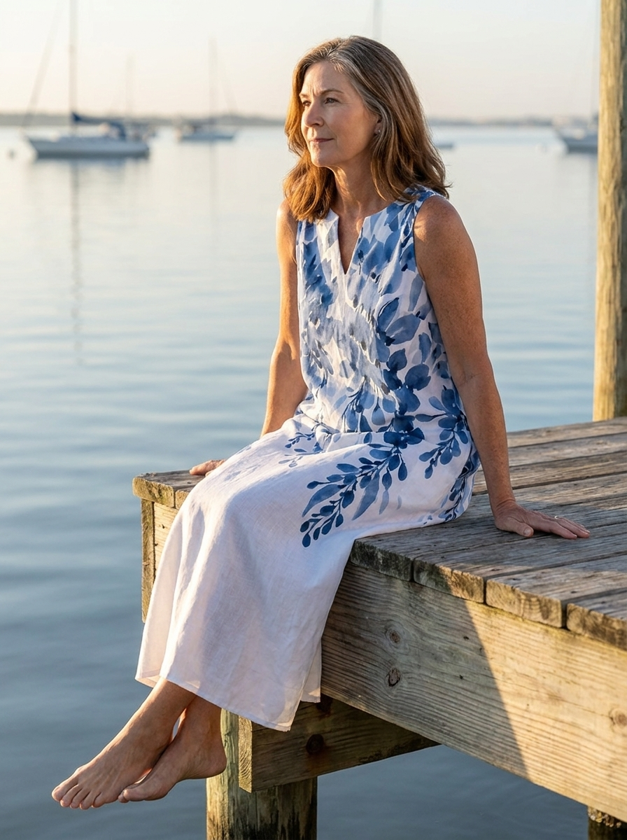 Floral Print Sleeveless Split Neck Linen Look Midi Dress 3