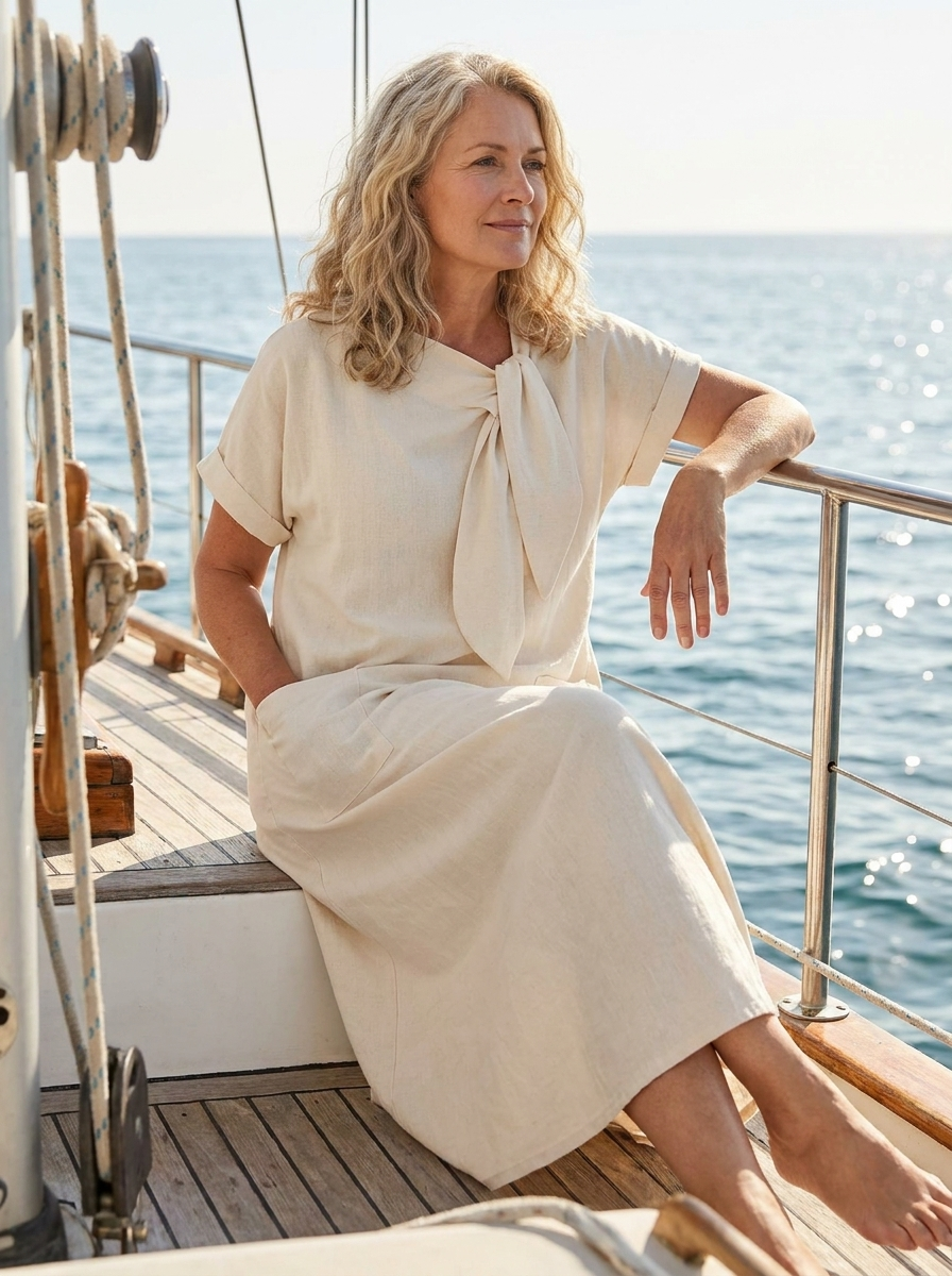 Tie Neck Short Sleeve Pocket Midi Dress 2