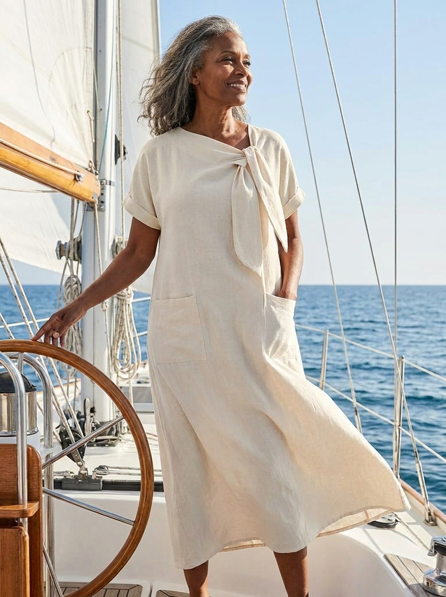 Tie Neck Short Sleeve Pocket Midi Dress