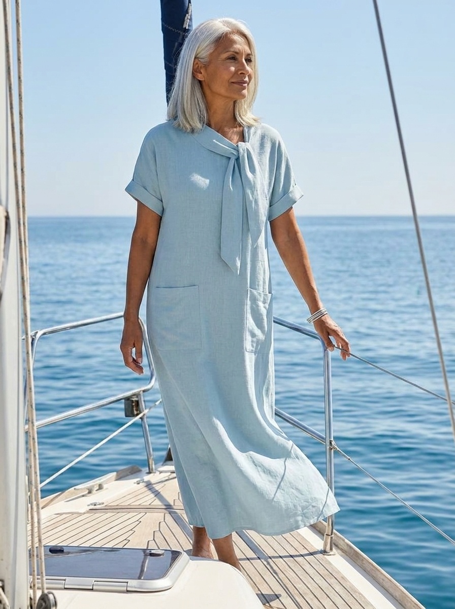 Tie Neck Short Sleeve Pocket Midi Dress 5