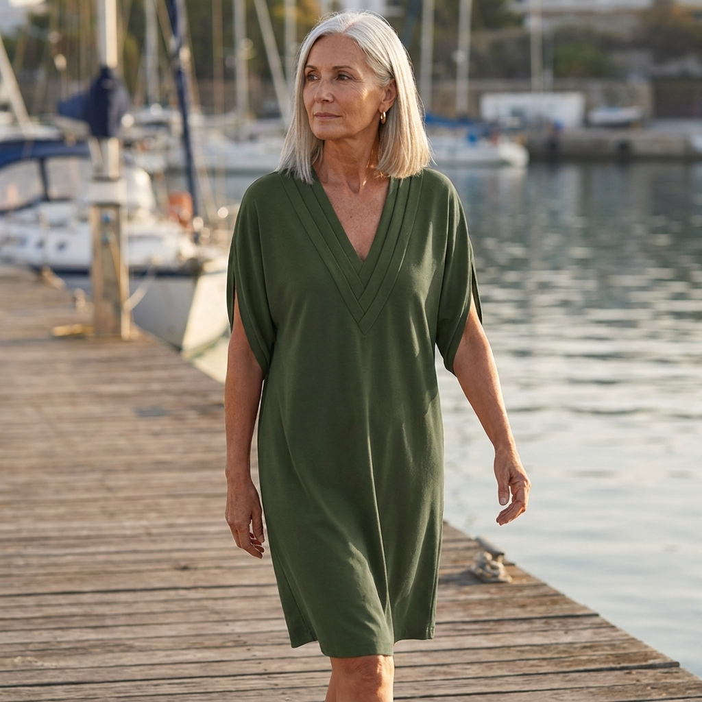 Deep V-Neck Short Sleeve Shift Midi Dress