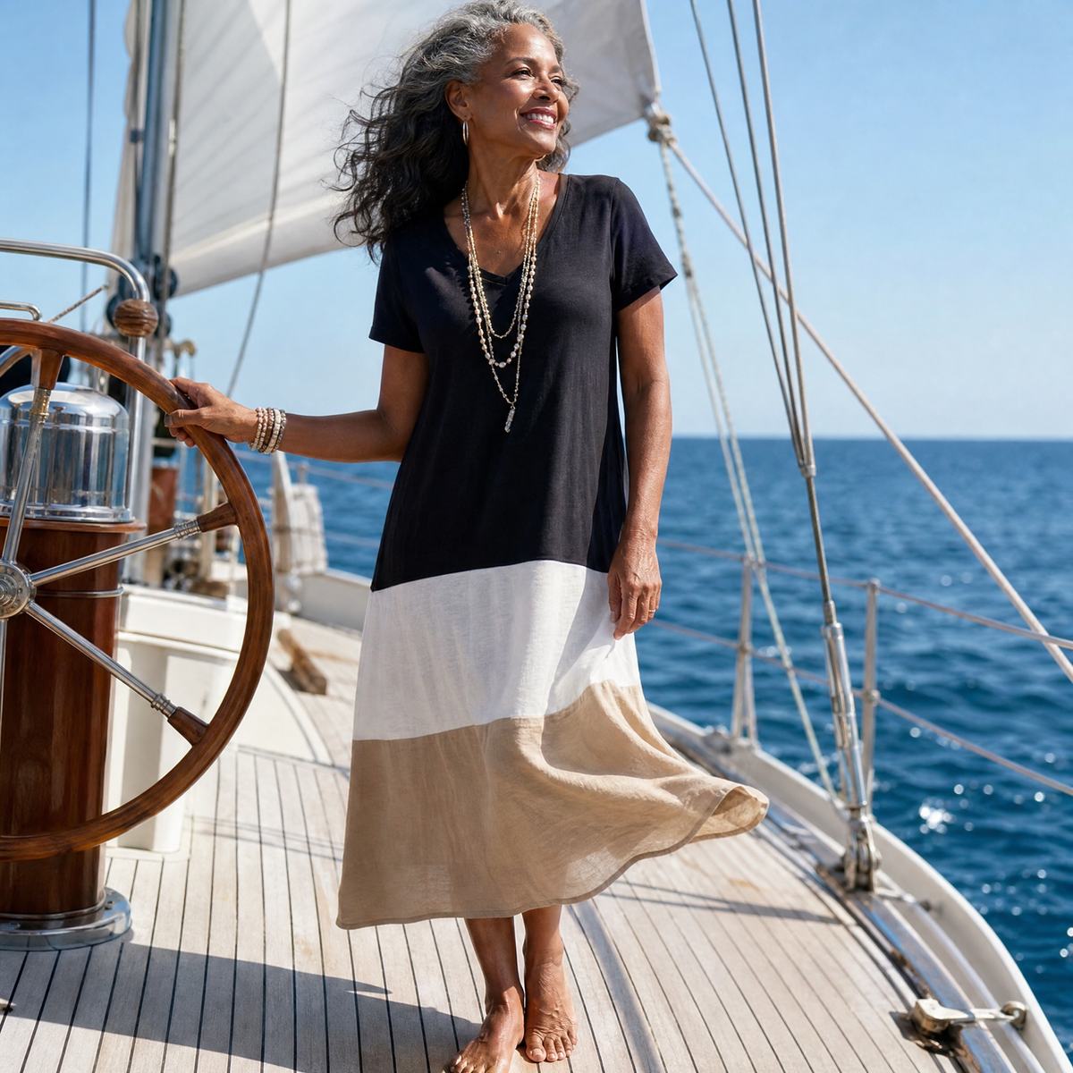 Color Block V-Neck Short Sleeve Tiered Midi Dress