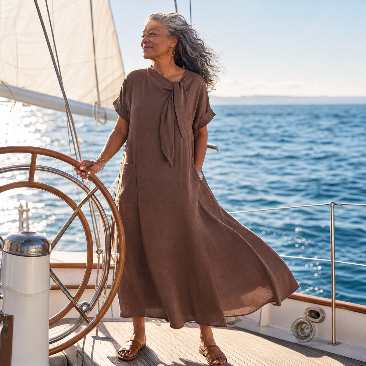Round Neck Short Sleeve Tie Neck Pocket Midi Dress