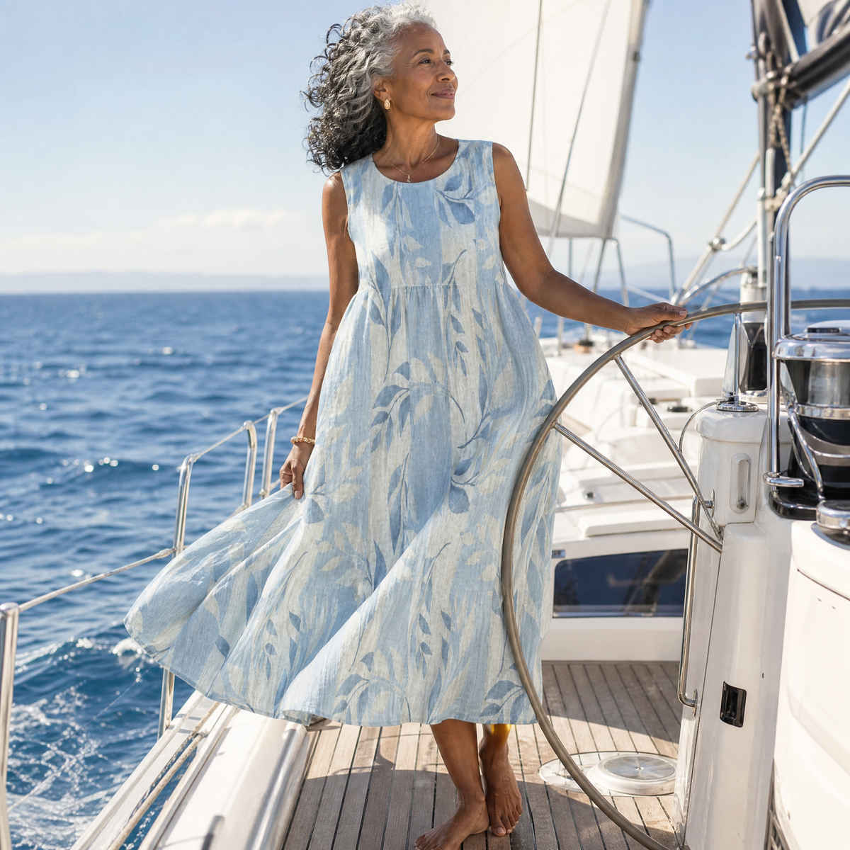 Leaf Print Round Neck Sleeveless Tiered Midi Dress