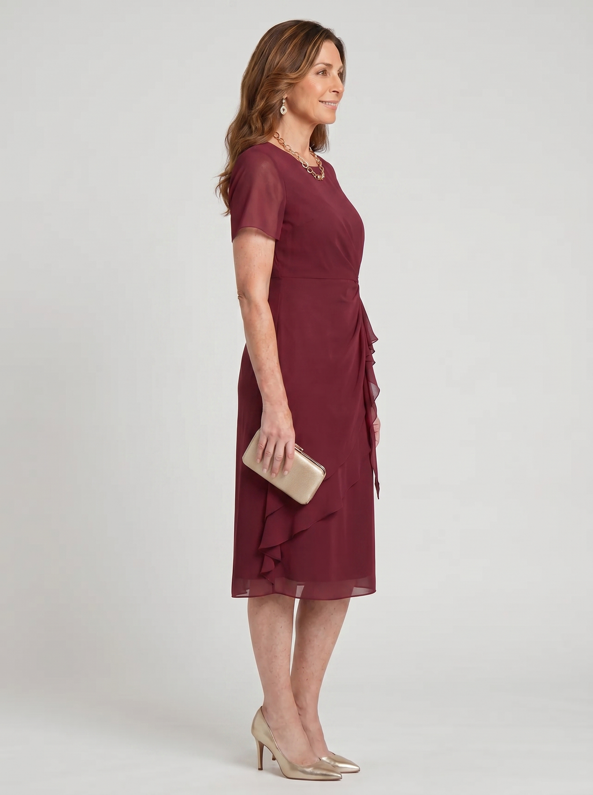 Round Neck Short Sleeve Ruched Waist Ruffle Front Midi Dress 3