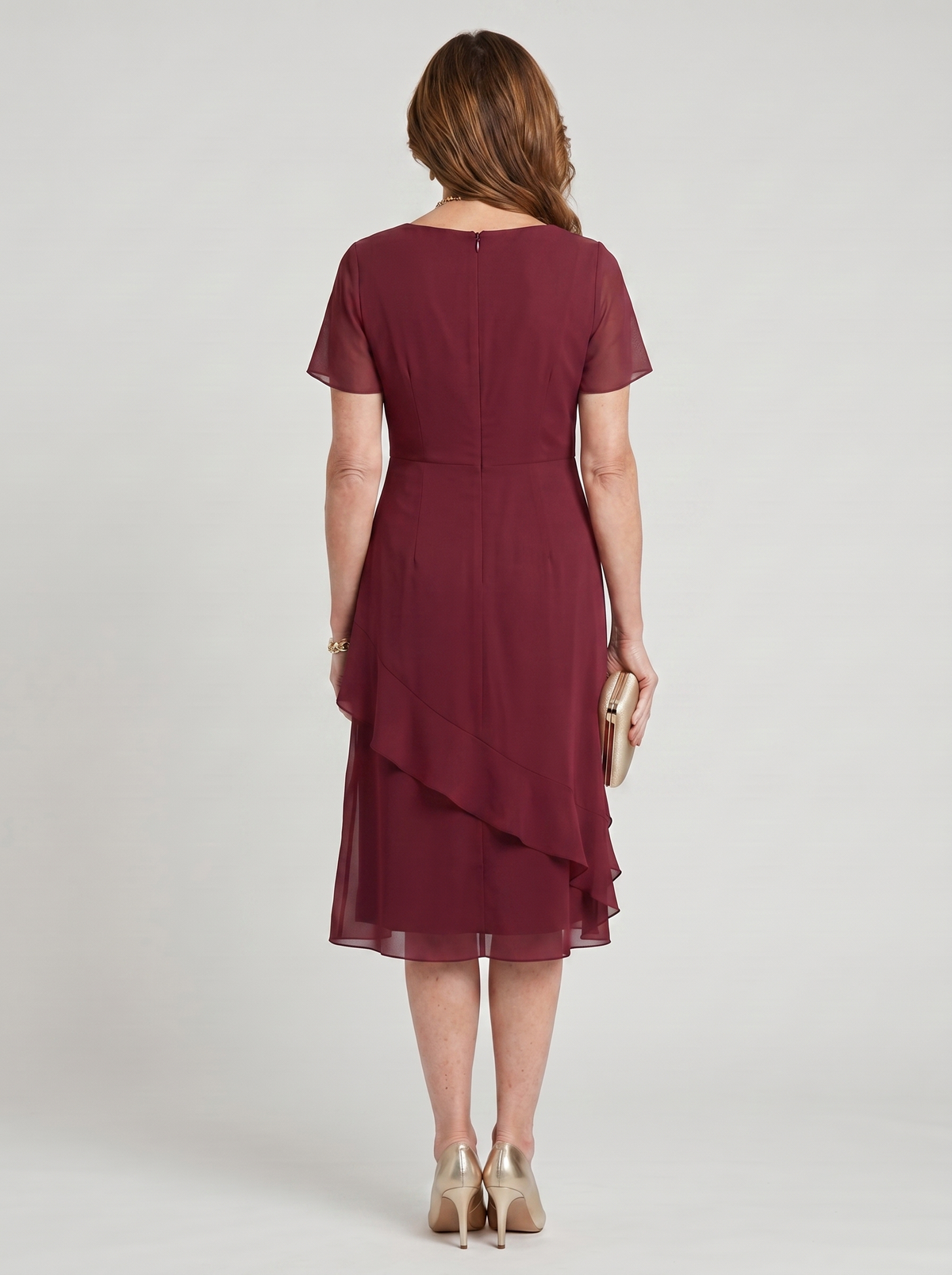 Round Neck Short Sleeve Ruched Waist Ruffle Front Midi Dress 5