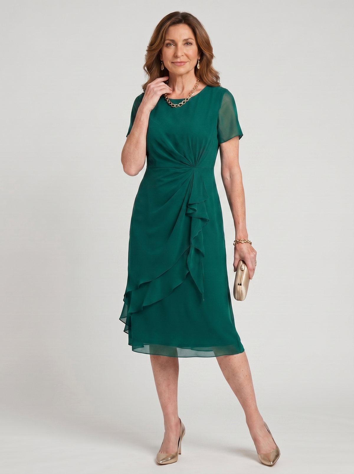 Round Neck Short Sleeve Ruched Waist Ruffle Front Midi Dress 6