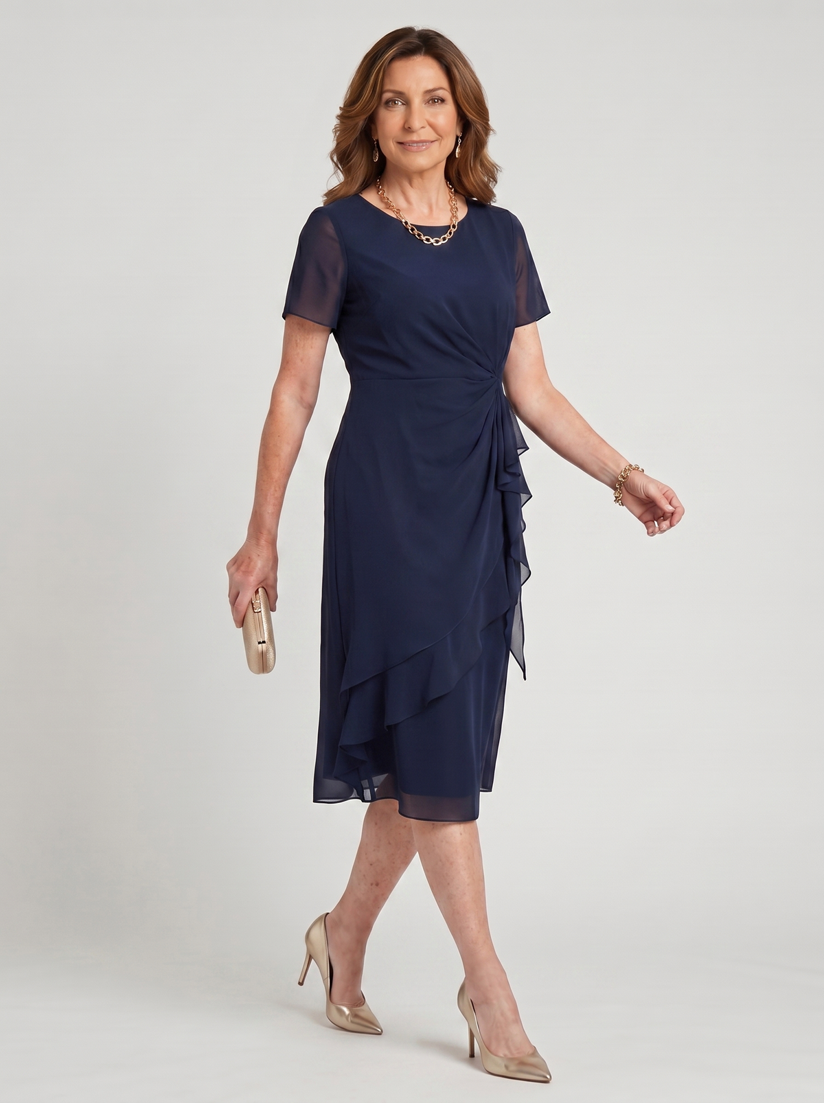 Round Neck Short Sleeve Ruched Waist Ruffle Front Midi Dress 8