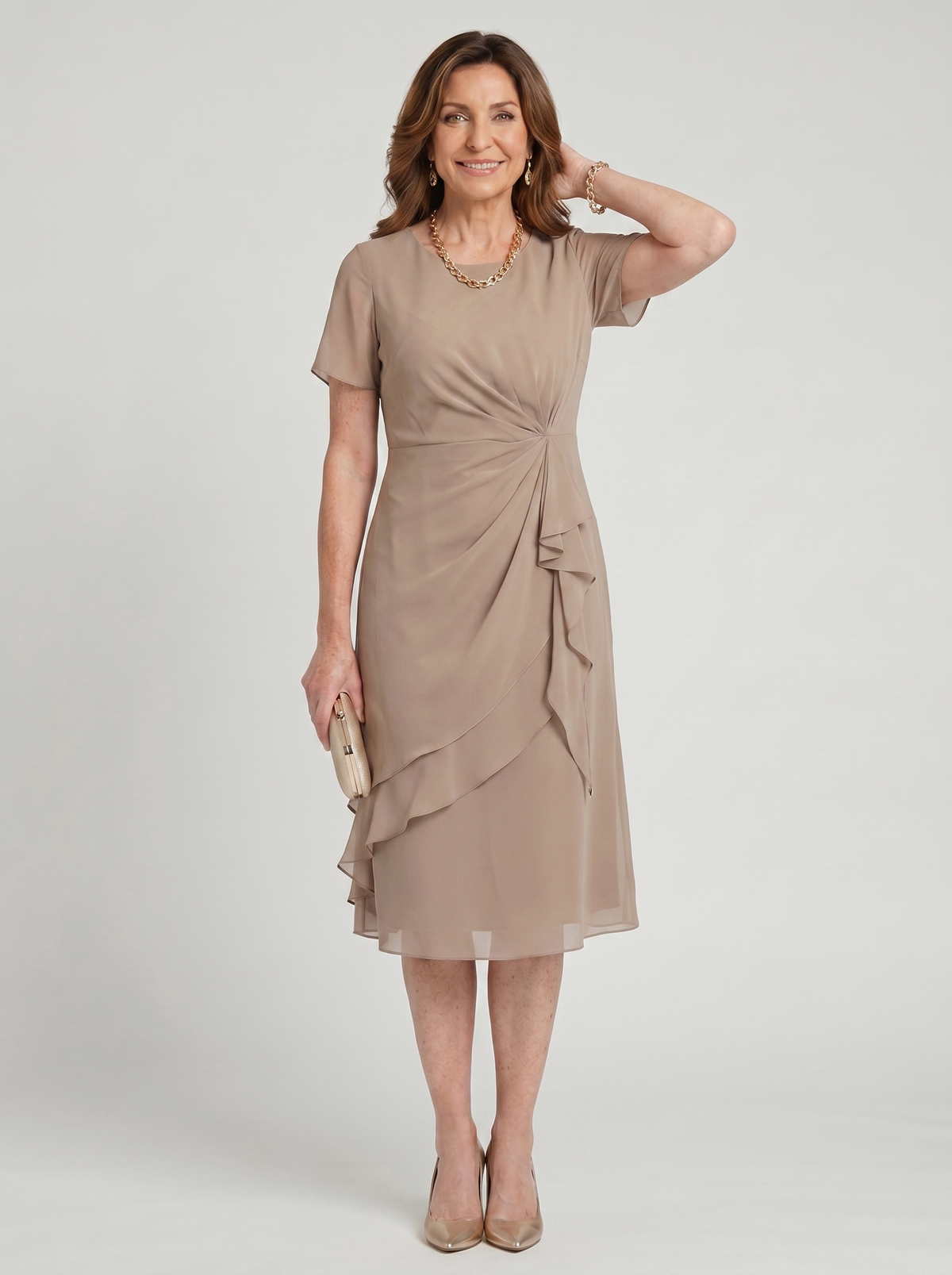Round Neck Short Sleeve Ruched Waist Ruffle Front Midi Dress 10