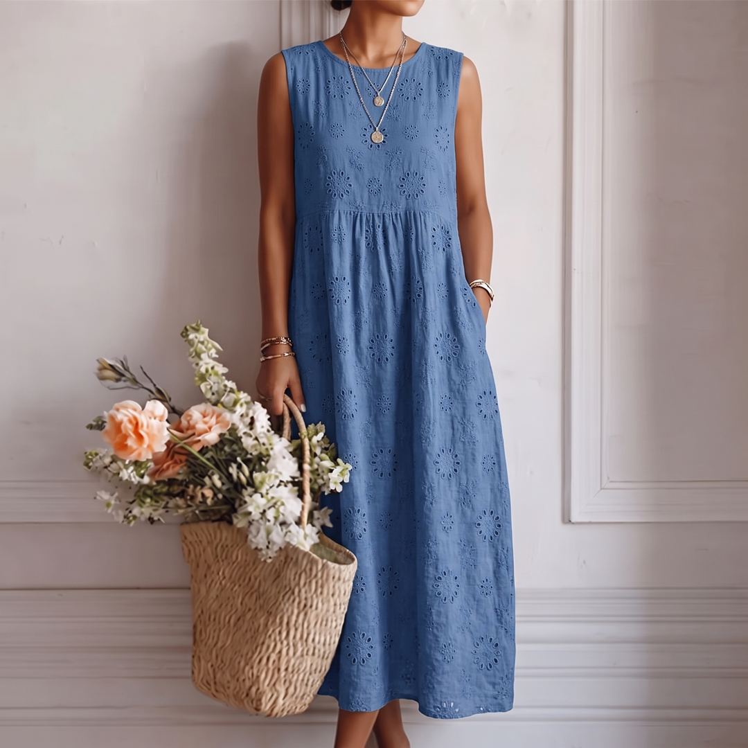 Eyelet Embroidered Round Neck Sleeveless Pocket Midi Dress