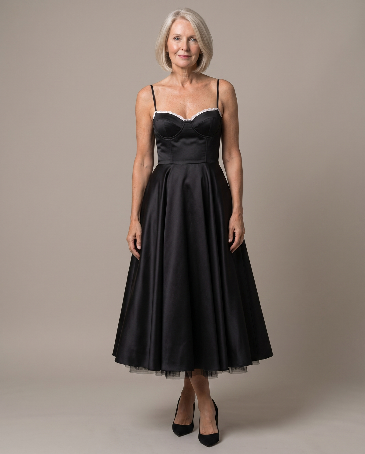 Sweetheart Bustier Strappy Fit and Flare Satin Midi Dress
