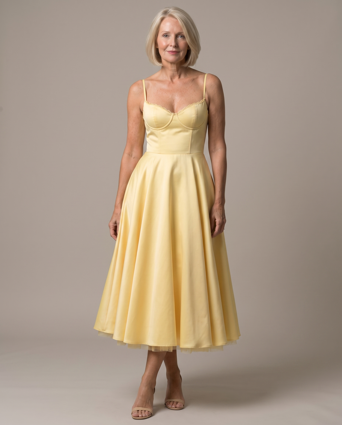 Sweetheart Bustier Strappy Fit and Flare Satin Midi Dress 19