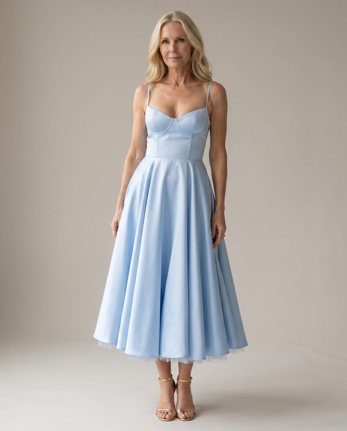 Sweetheart Bustier Strappy Fit and Flare Satin Midi Dress 14