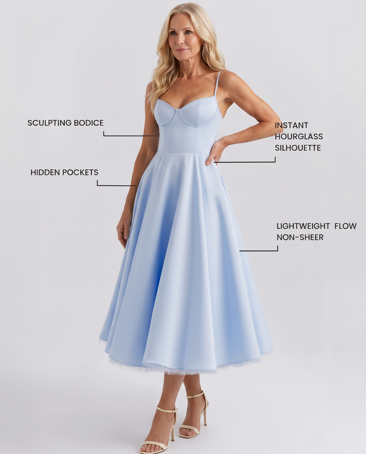Sweetheart Bustier Strappy Fit and Flare Satin Midi Dress 16