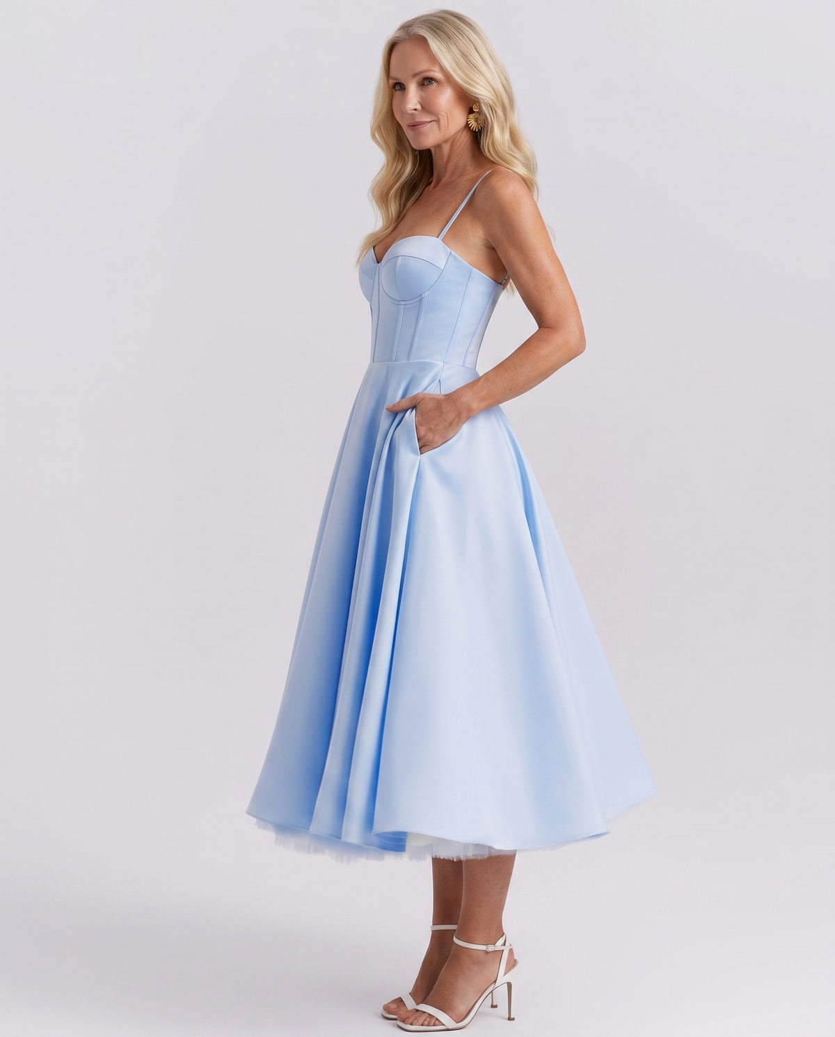 Sweetheart Bustier Strappy Fit and Flare Satin Midi Dress 17
