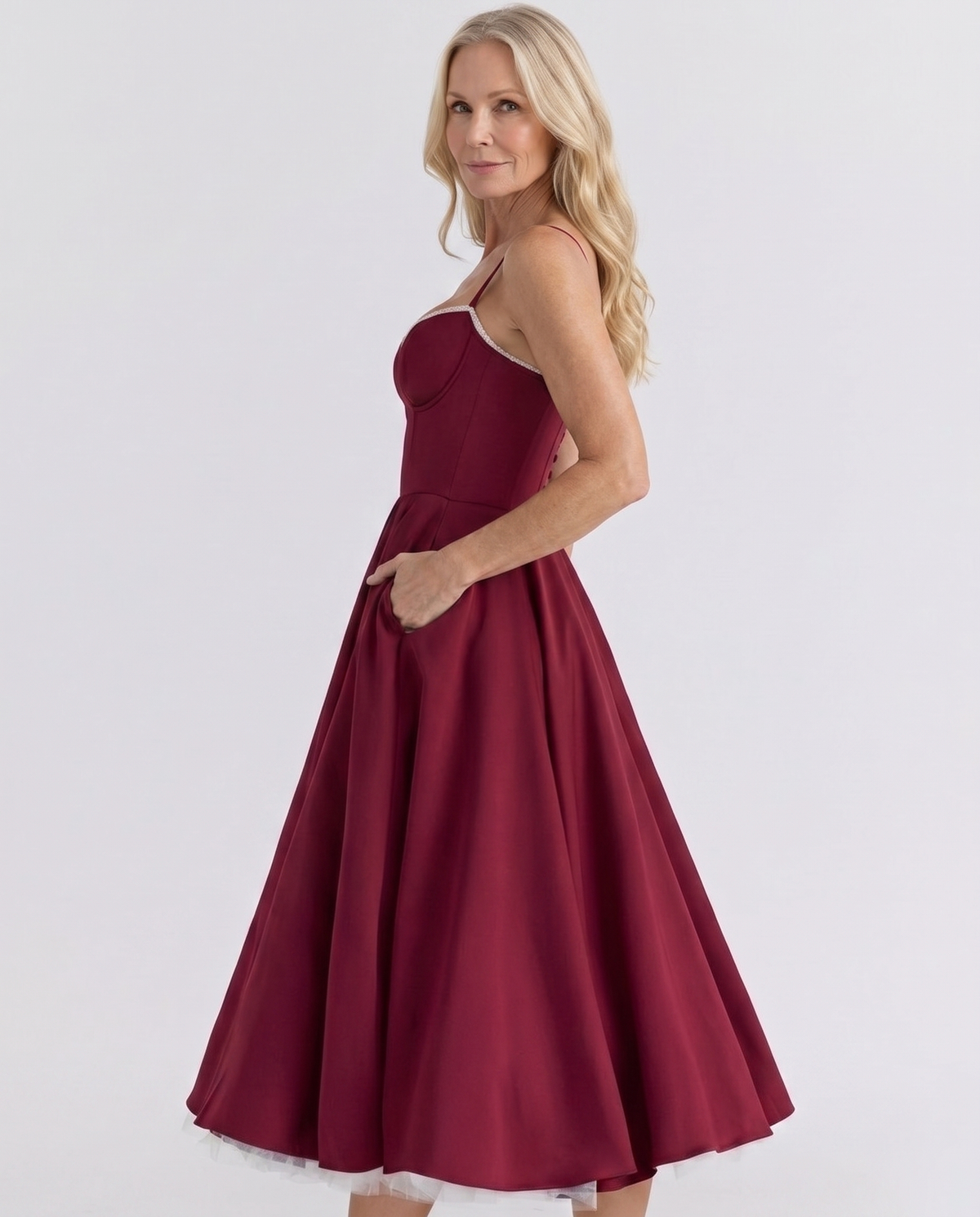 Sweetheart Bustier Strappy Fit and Flare Satin Midi Dress 24