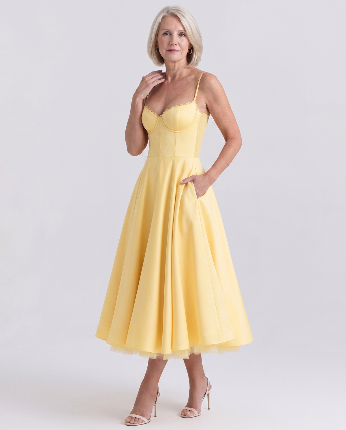 Sweetheart Bustier Strappy Fit and Flare Satin Midi Dress 20