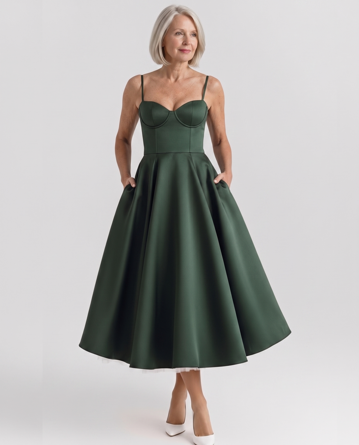 Sweetheart Bustier Strappy Fit and Flare Satin Midi Dress 28