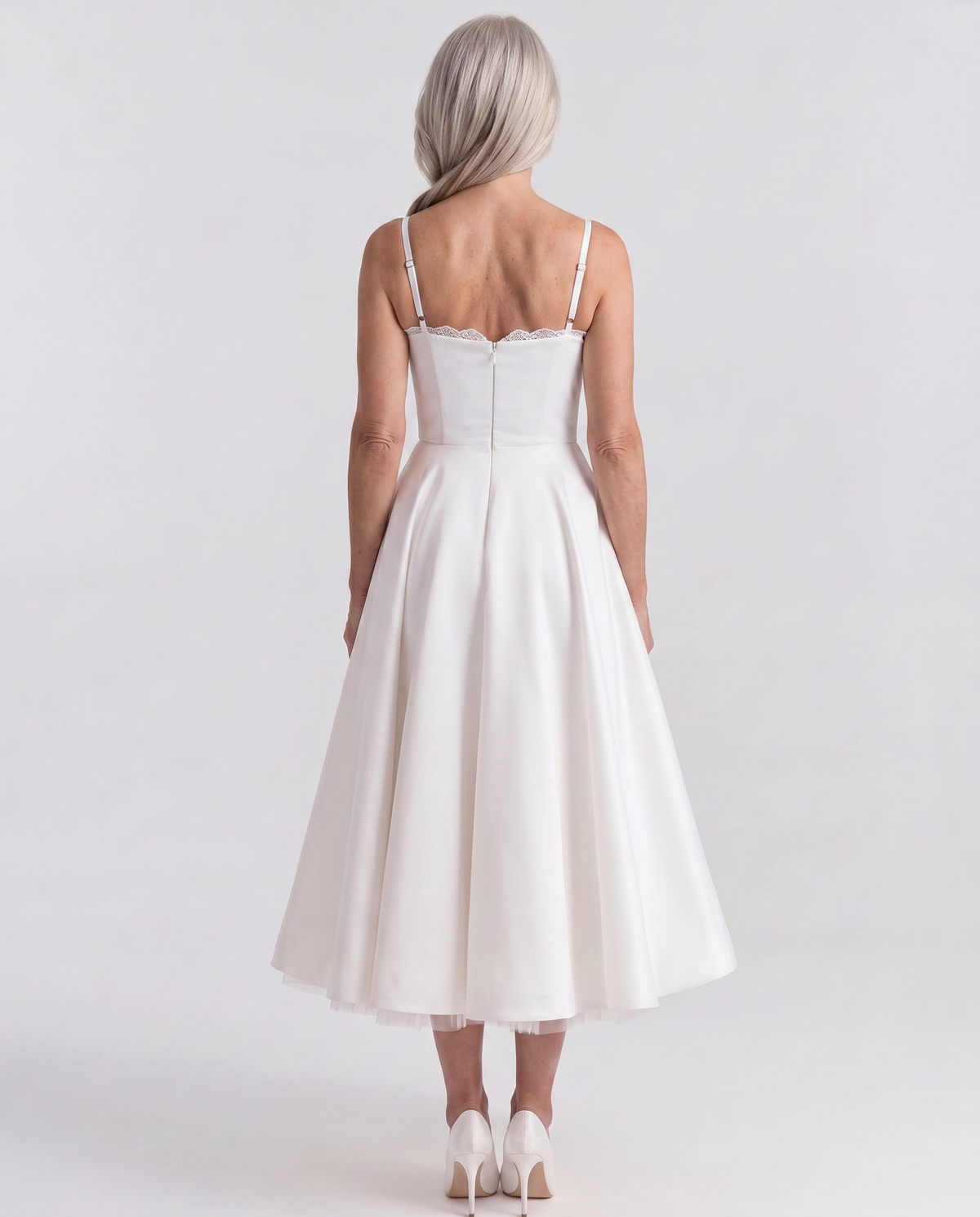 Sweetheart Bustier Strappy Fit and Flare Satin Midi Dress 9