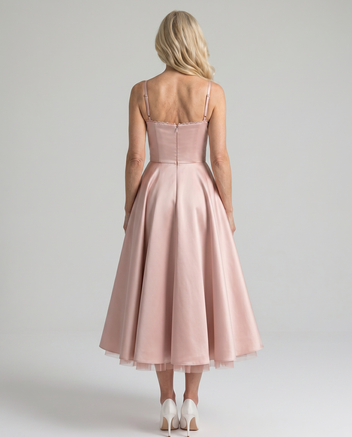 Sweetheart Bustier Strappy Fit and Flare Satin Midi Dress 13
