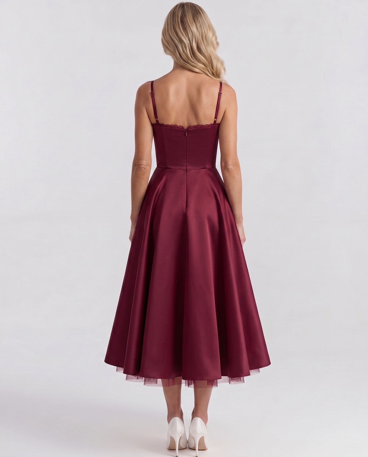 Sweetheart Bustier Strappy Fit and Flare Satin Midi Dress 25