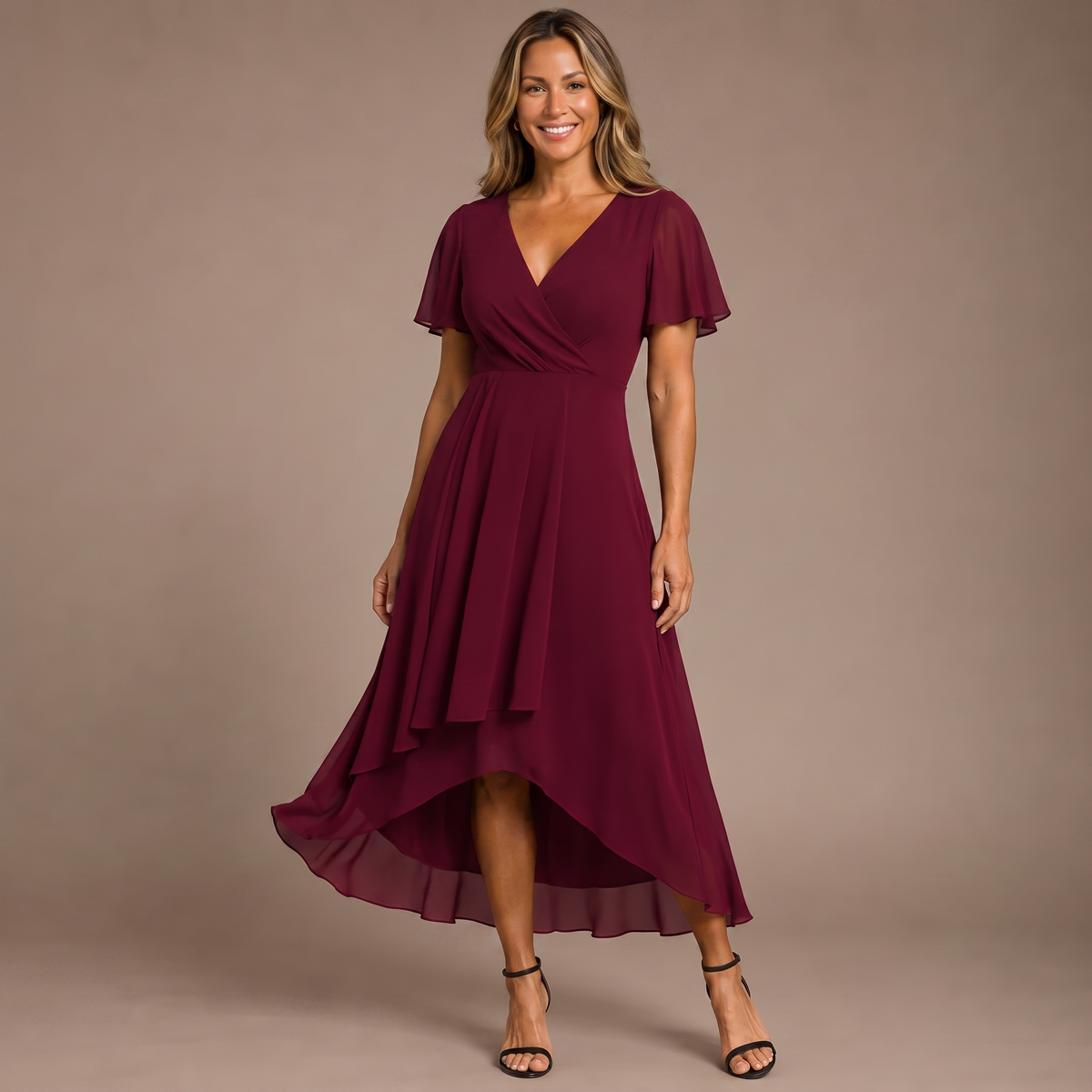 Chiffon V-Neck Flutter Sleeve High Low Midi Dress 6