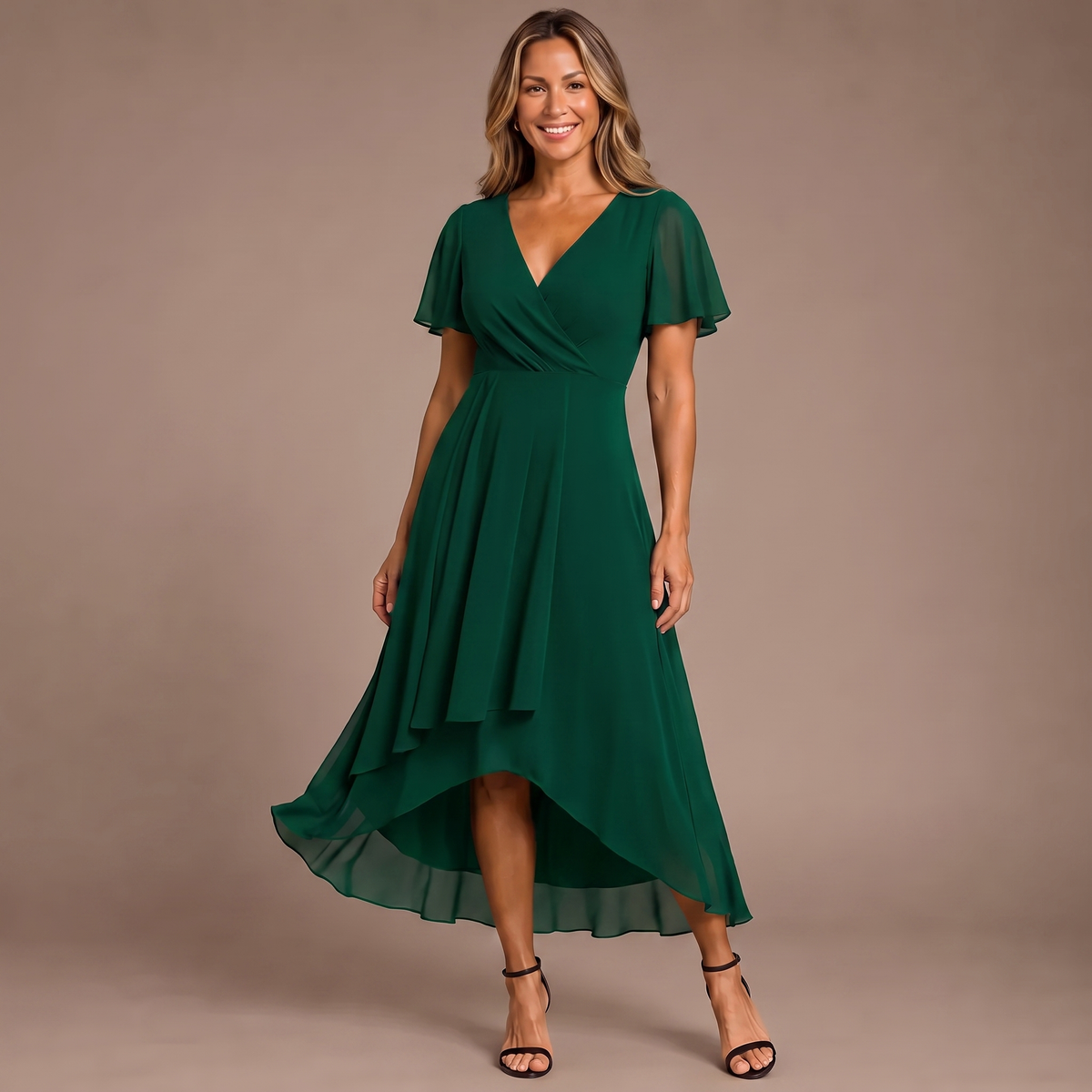 Chiffon V-Neck Flutter Sleeve High Low Midi Dress 8