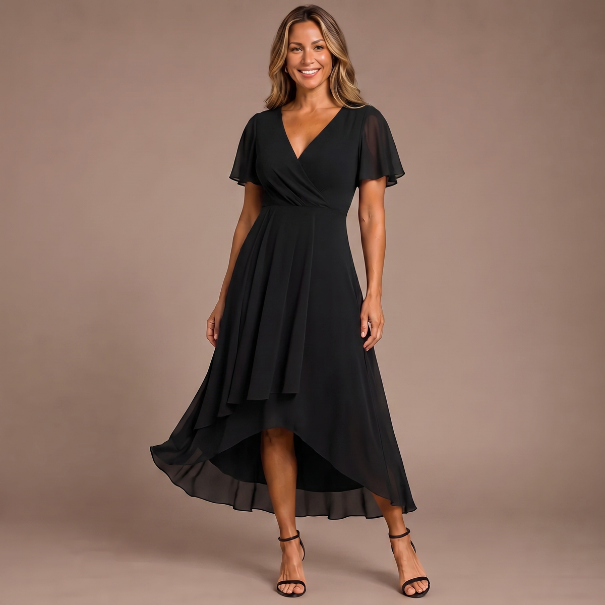 Chiffon V-Neck Flutter Sleeve High Low Midi Dress 10