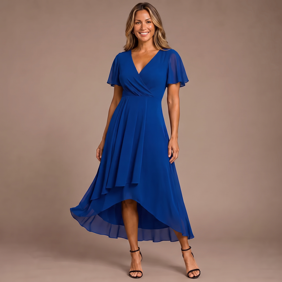 Chiffon V-Neck Flutter Sleeve High Low Midi Dress 3