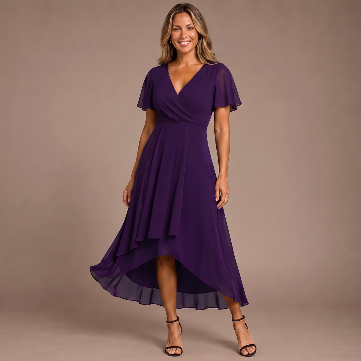 Chiffon V-Neck Flutter Sleeve High Low Midi Dress 9