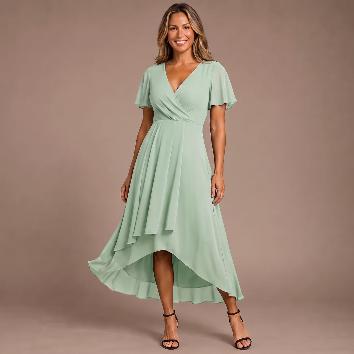 Chiffon V-Neck Flutter Sleeve High Low Midi Dress 7