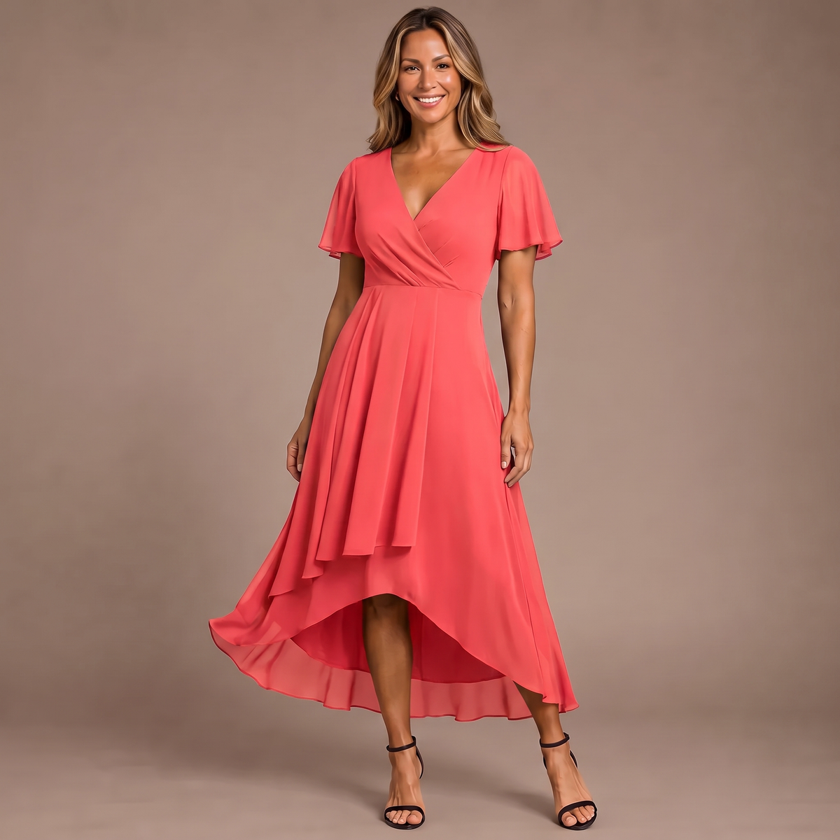 Chiffon V-Neck Flutter Sleeve High Low Midi Dress 5