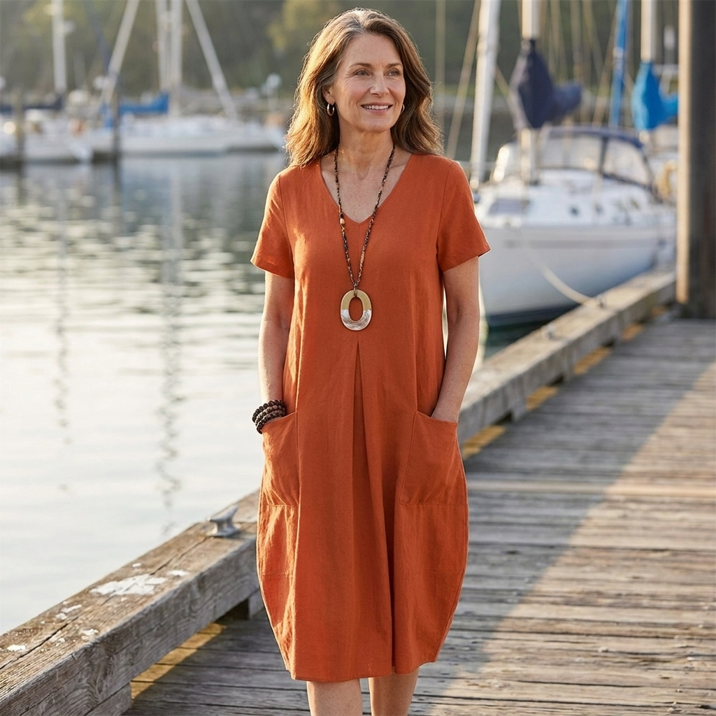 V-Neck Short Sleeve Pocket Cocoon Midi Dress