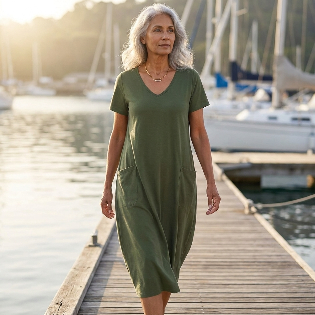 V-Neck Short Sleeve Pocket Cocoon Midi Dress 2