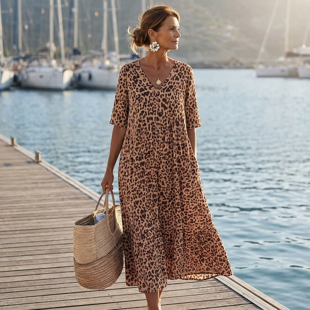 Leopard Print V-Neck Short Sleeve Tiered Midi Dress