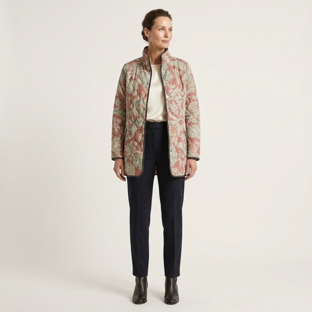 Floral Print Quilted Contrast Trim Stand Collar Jacket