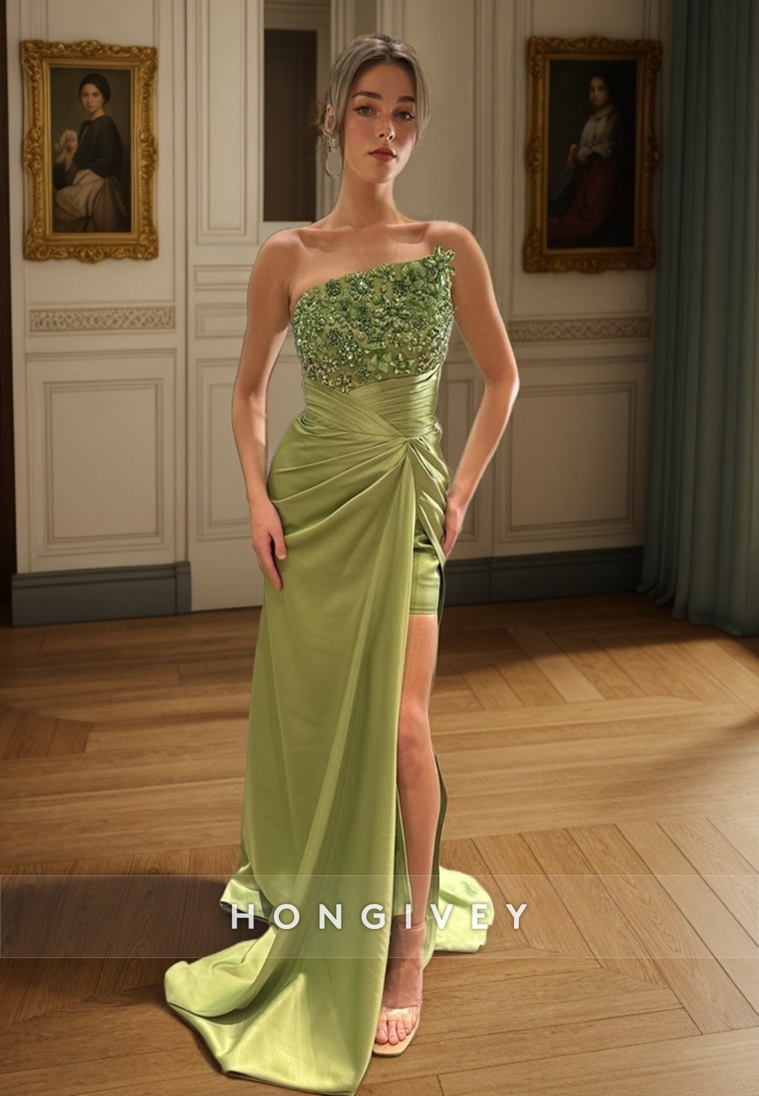 L2969 - Asymmetrical Satin Beaded Empire With Side Slit Party Prom Evening Dress - Fashionpara