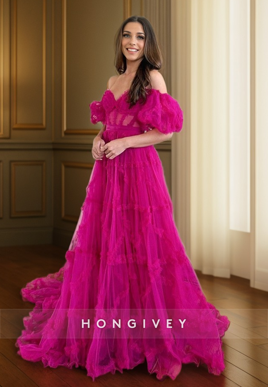 L1304 - Hot Sweetheart Puff Sleeves Gown Bowknot Sash Gown Prom Formal Party Evening Dress - Fashionpara