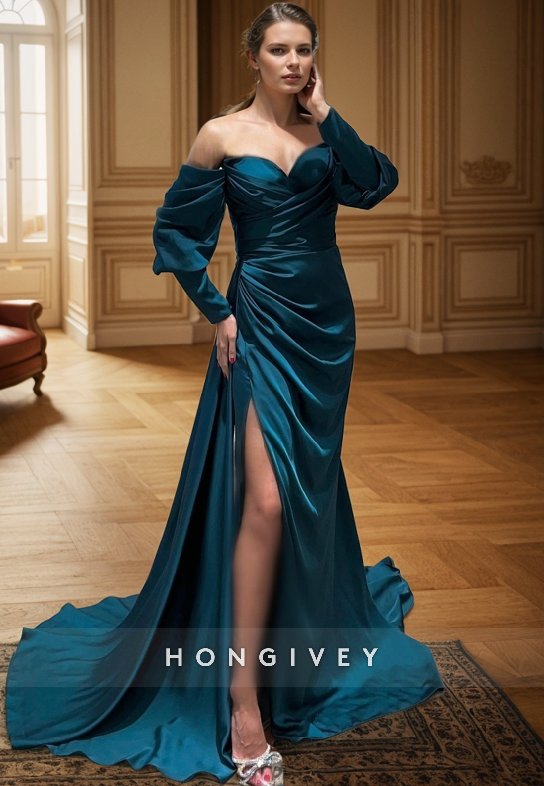 L2961 - Off-Shoulder Long Sleeve Empire With Side Slit Party Prom Evening Dress - Fashionpara
