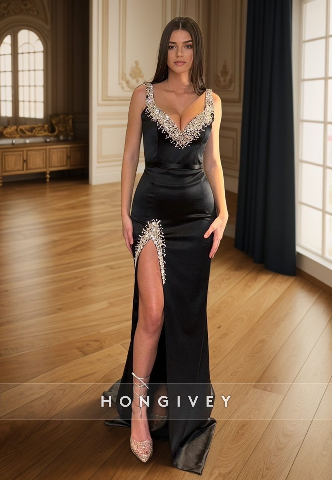 L2970 - Black V-Neck Spaghetti Straps Beaded Long Prom Dress - Fashionpara