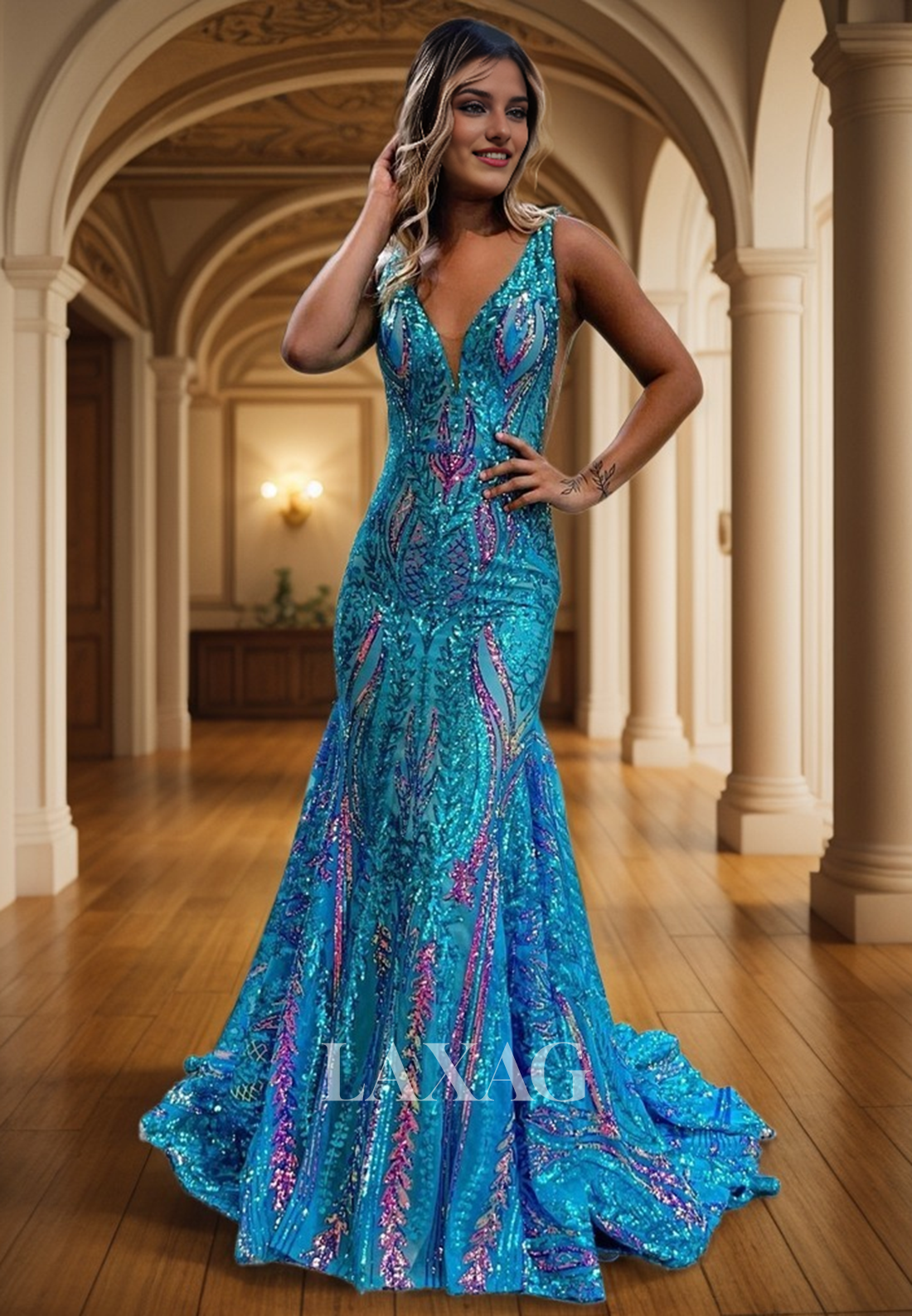 V-Neck Ruched Multi Color Sequined Mermaid Prom Evening Dress - Fashionpara